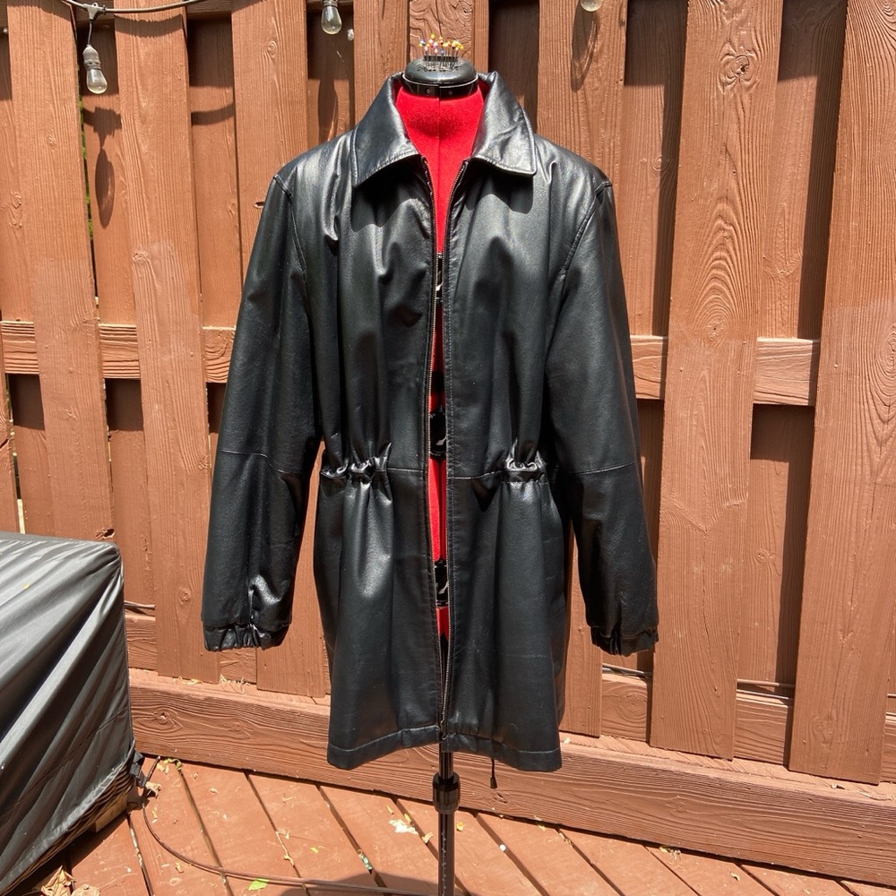 Anne Klein Black Leather Trench Coat with Drawstring Waist